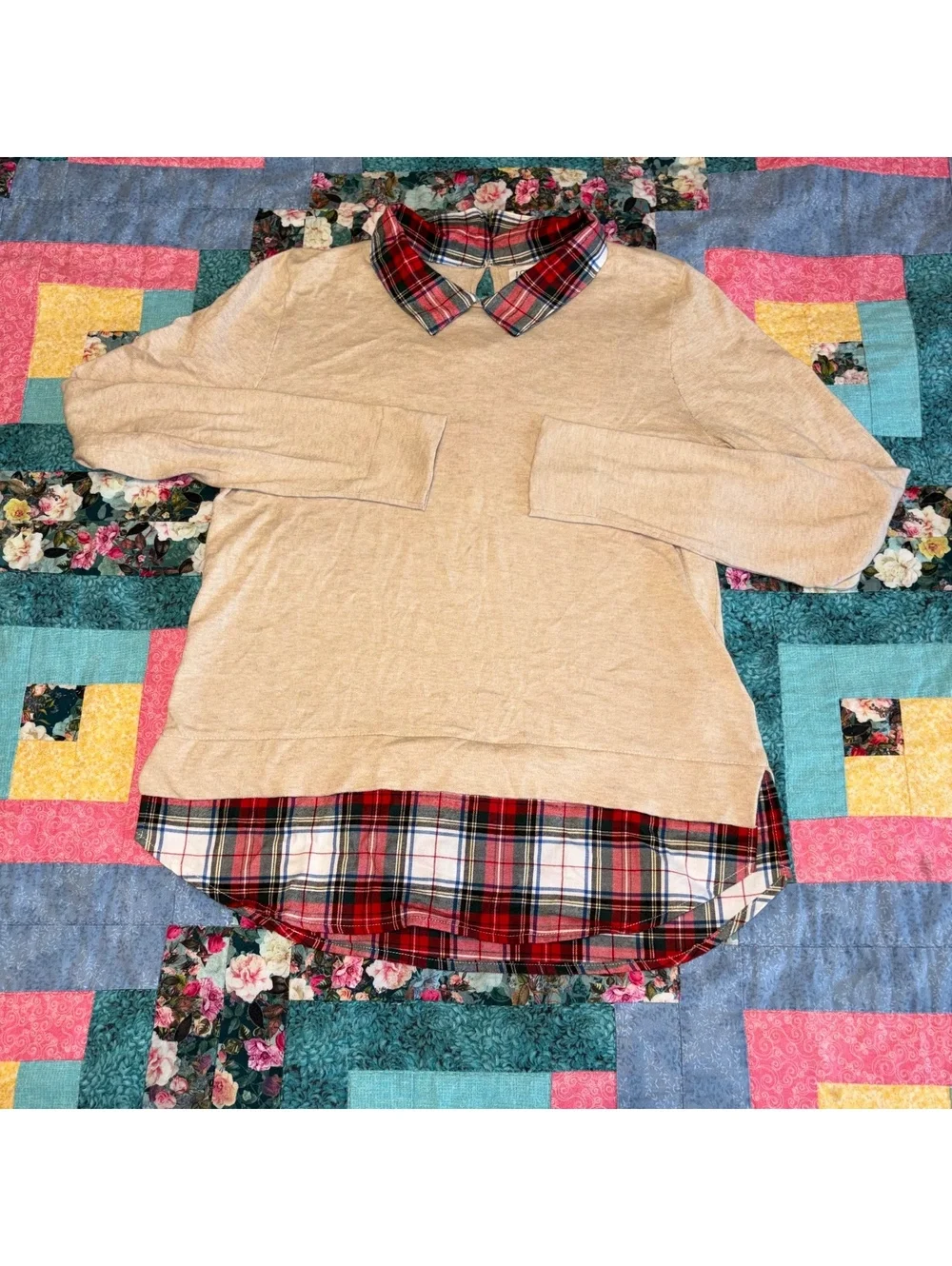 J.Crew Woman’s Small Beige Sweater with Red Plaid Collar and Hem Detail, Outdoor